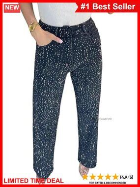 Rhinestone High Waisted Wide Leg Stretch Denim Jeans